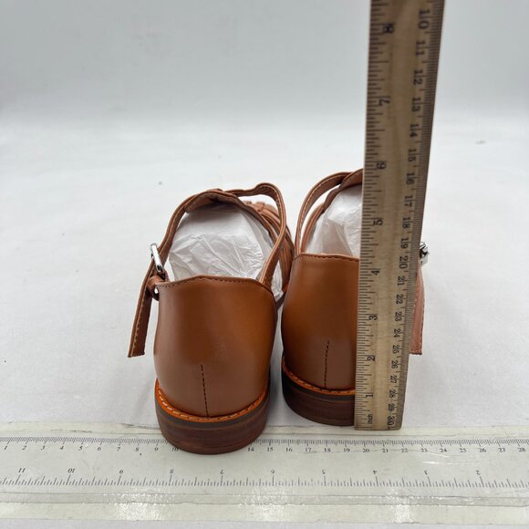 FSJ Camel Closed Toe Low Block Heel Woven Roman Ankle Strap Hollow Caged Sandals - Picture 5 of 8